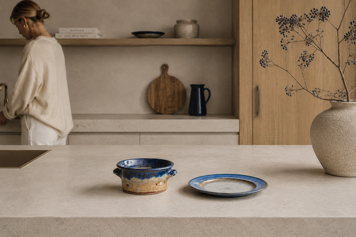 Antique stoneware set – Blue and beige glaze