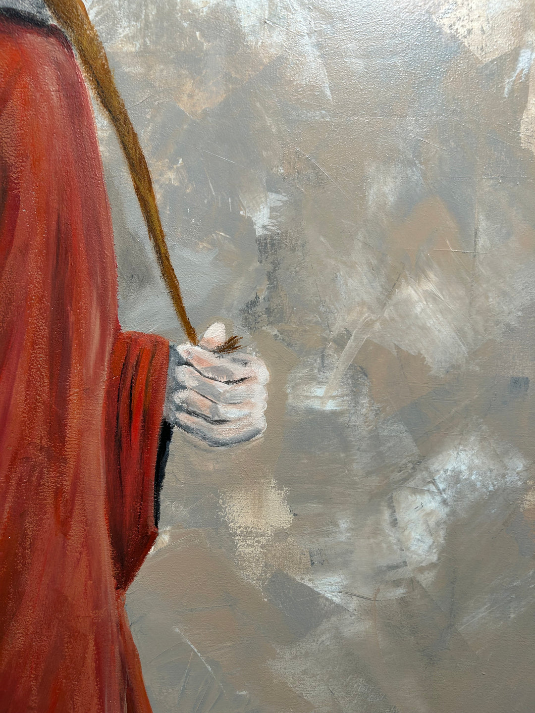Schilderij Atelier S – 120 × 120 × 4 cm | Hedendaagse figuratieve kunst met abstracte achtergrond