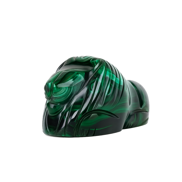 Groene leeuw in malachiet – handgeslepen sculptuur – 11,5 x 5,5 x 5,5 cm