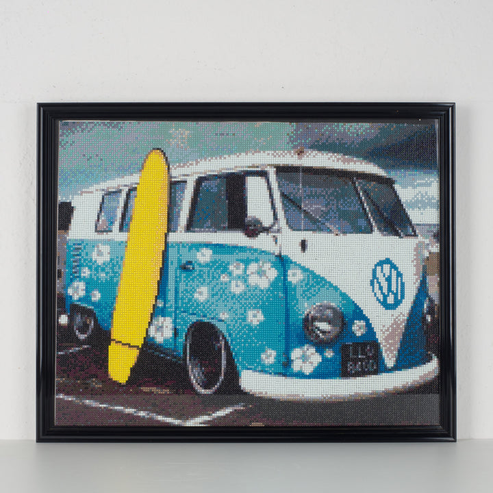 Unique painting in iron-on beads – Volkswagen T1 bus in blue and yellow