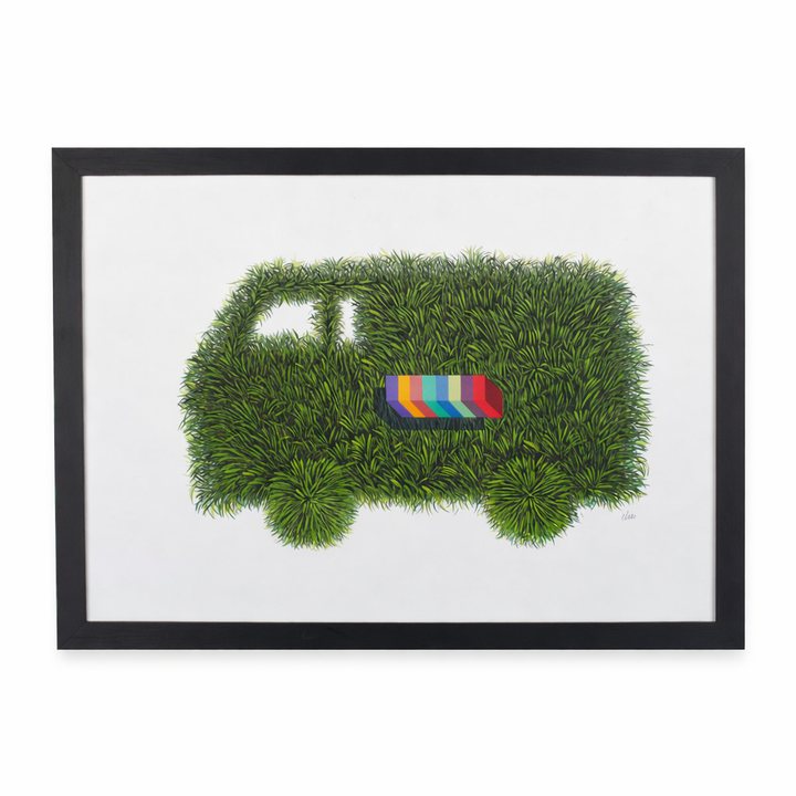 Elias – Surreal Lithograph with Green Van | 69 x 49 cm (framed) 