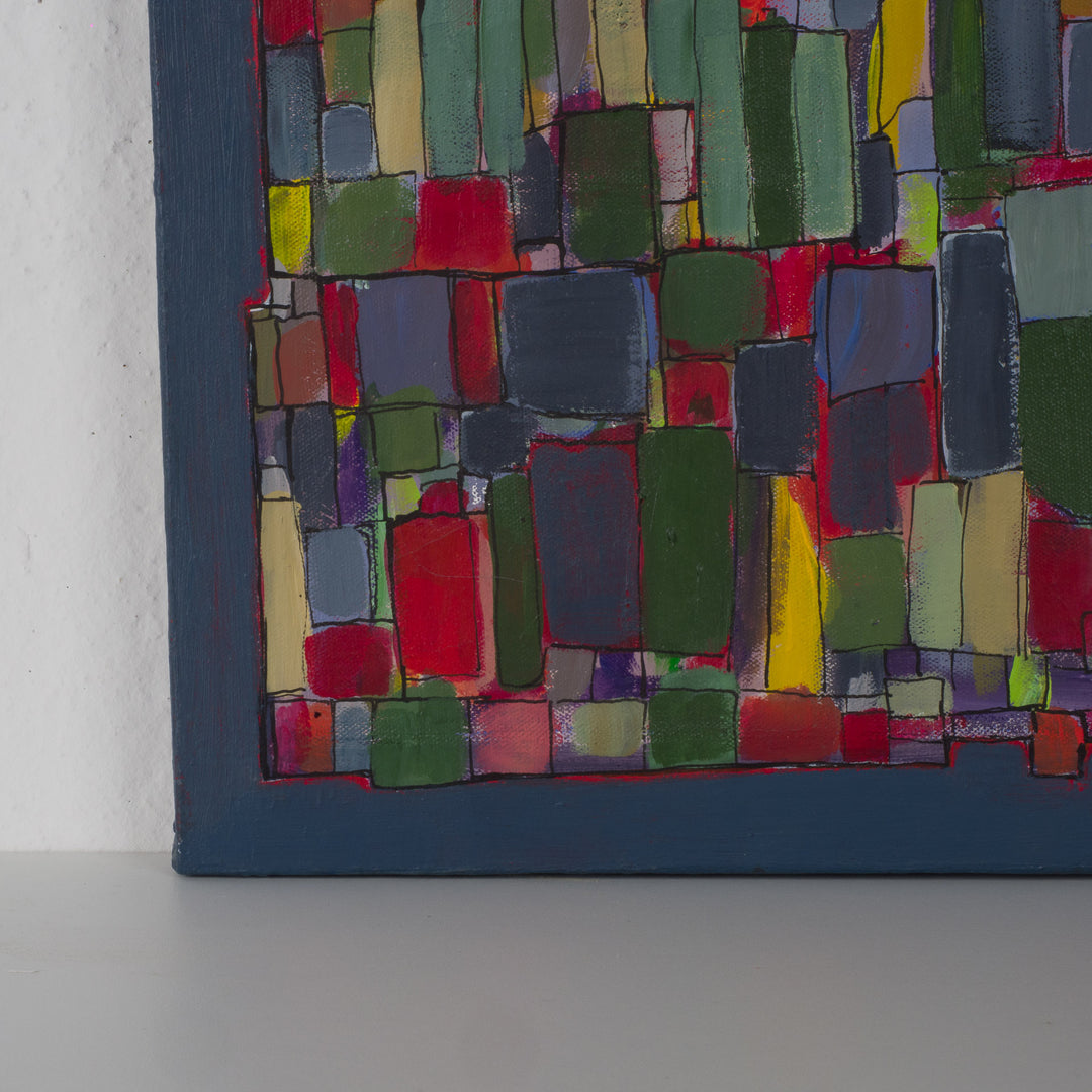 Modern rechthoekig schilderij – abstracte vakjes in blauwtinten, groen en rood