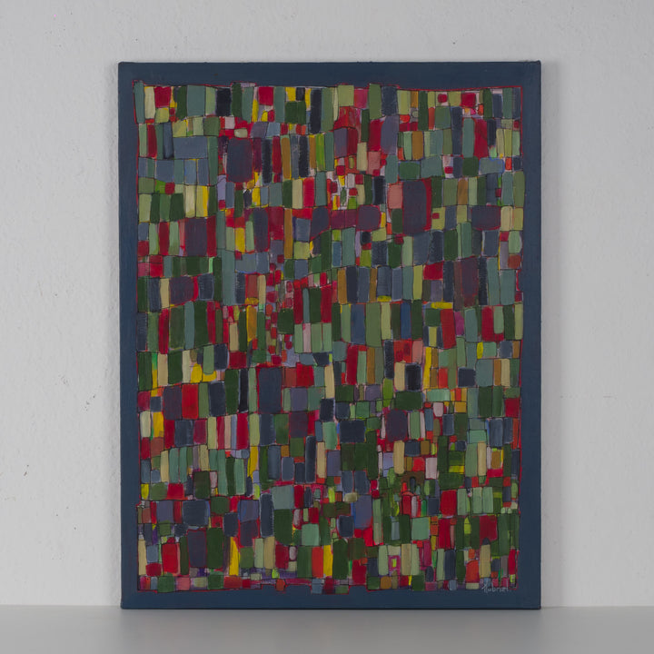 Modern rechthoekig schilderij – abstracte vakjes in blauwtinten, groen en rood