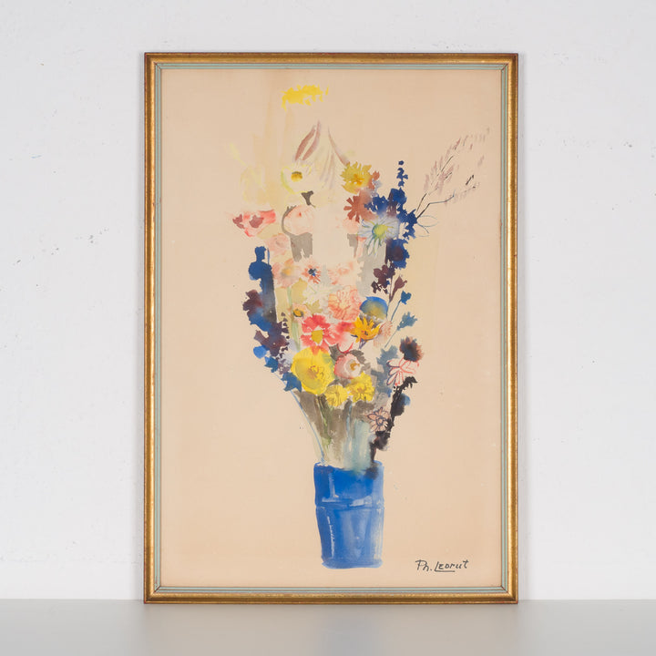 Mooie aquarel met blauwe vaas en fleurige bos bloemen