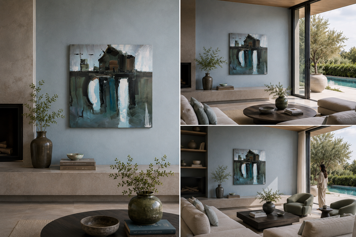 Groot modern schilderij met huis, brug en watervallen / 100 x 100 x 3,5 cm