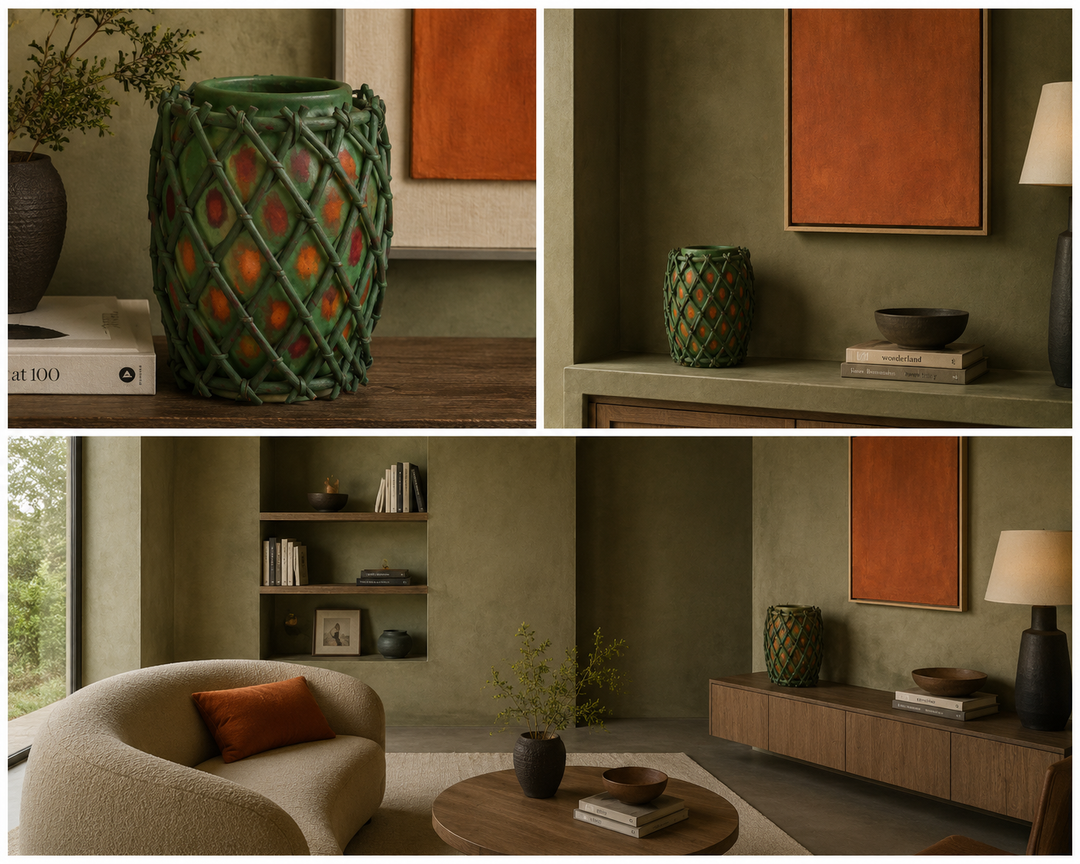 Authentieke terracotta vaas met vlechtwerk in hout / 20 x 20 x 28 cm