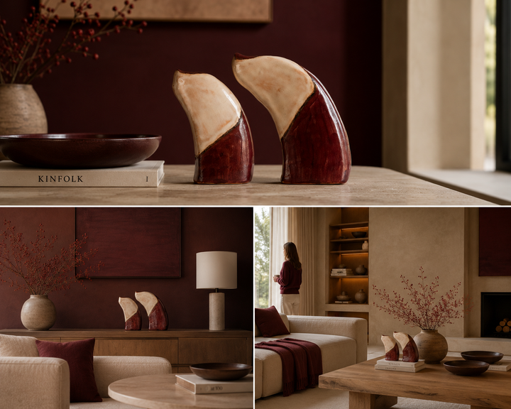 Set of 2 abstract geometric curved objects in ceramic