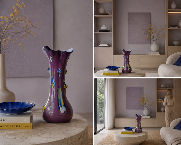 Modern large purple glass vase with studs.