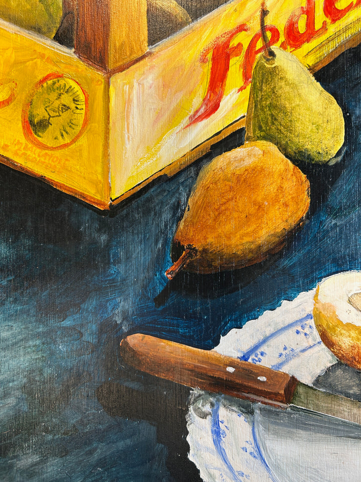 Kristien Berings – Stilleven met peren in kist – 1997 – 50 x 57 x 1 cm