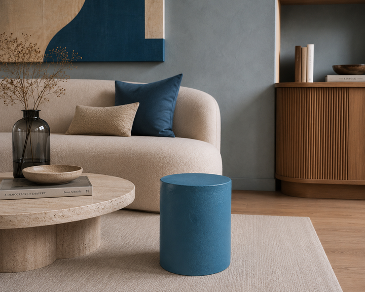 Round stool in polyester in petrol blue color