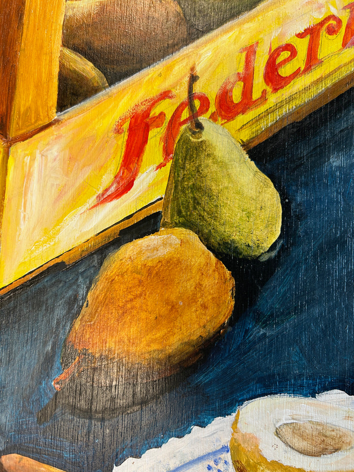 Kristien Berings – Stilleven met peren in kist – 1997 – 50 x 57 x 1 cm