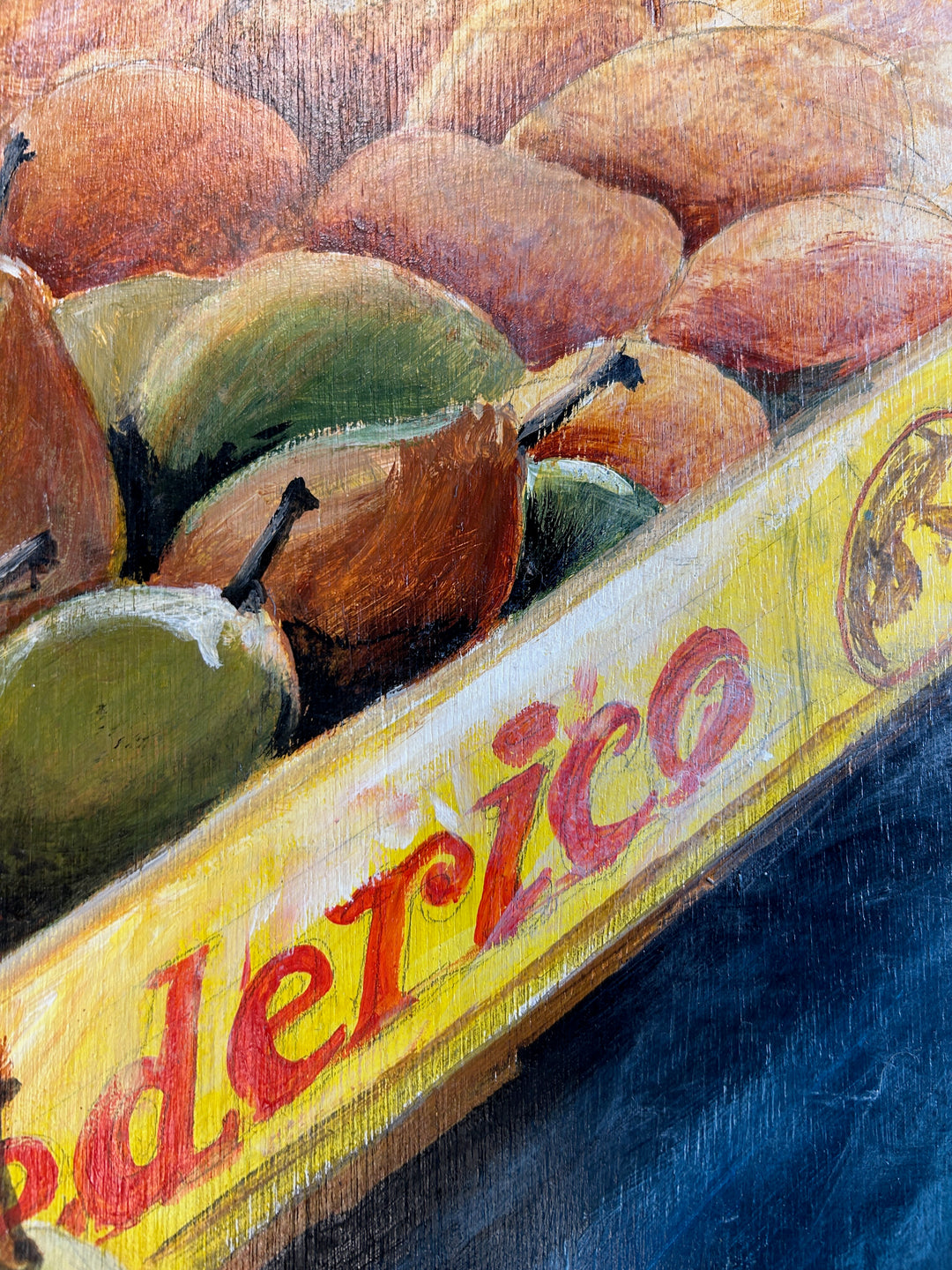 Kristien Berings – Stilleven met peren in kist – 1997 – 50 x 57 x 1 cm