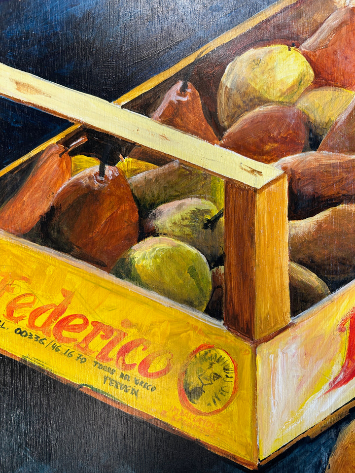 Kristien Berings – Stilleven met peren in kist – 1997 – 50 x 57 x 1 cm