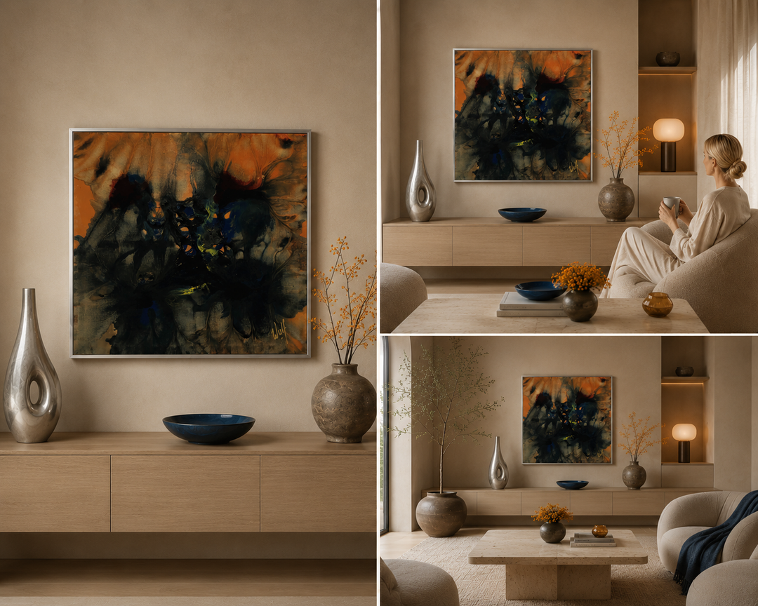 Groot kleurrijk schilderij door Wulf / 103 x 103cm