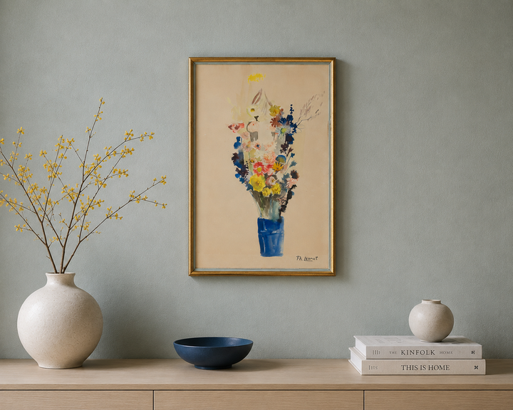 Mooie aquarel met blauwe vaas en fleurige bos bloemen  / 58,5 × 39,5 × 2 cm