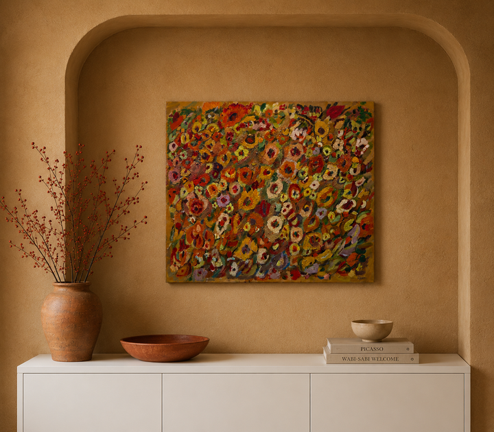 Expressief Bloemenveld in Olieverf – Gesigneerd – 80 x 70 x 1,5 cm