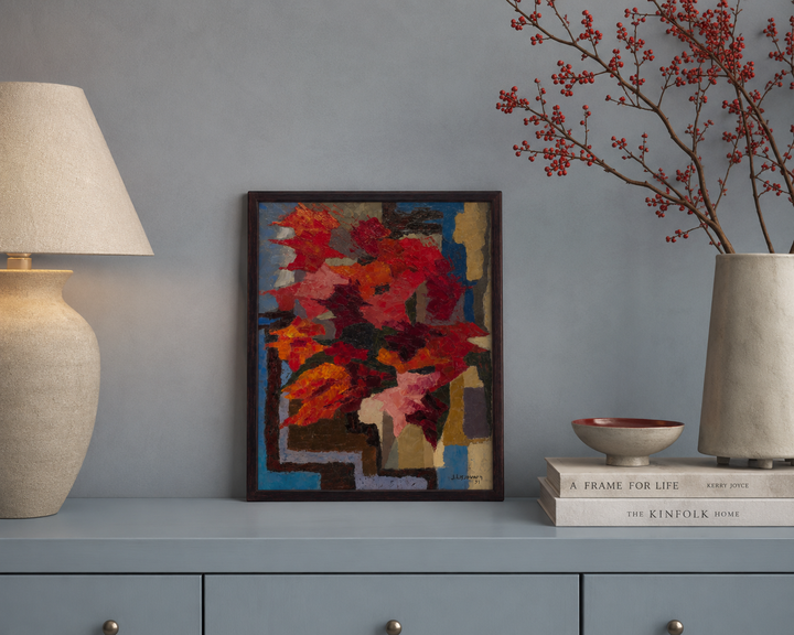 Kleurrijk bloemenschilderij door Jacques Lossouarn / 58,5 x 49,5 x 1,5 cm