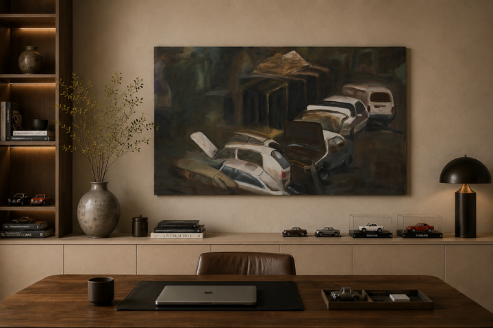 Hedendaags groot schilderij van een autokerkhof door Hilde Deceuninck / 133 x 85 cm