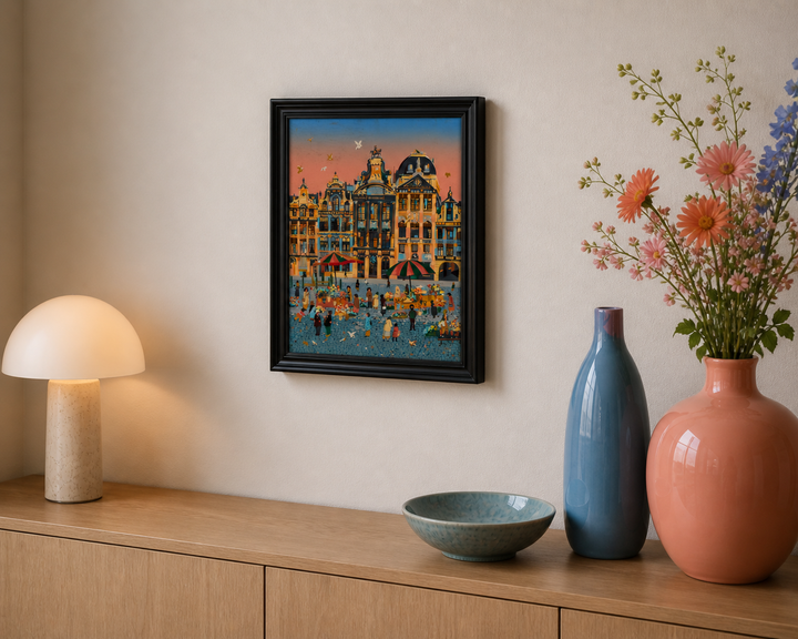 Stadszicht op marktplein – gesigneerd Frey – 53 x 63 x 4 cm