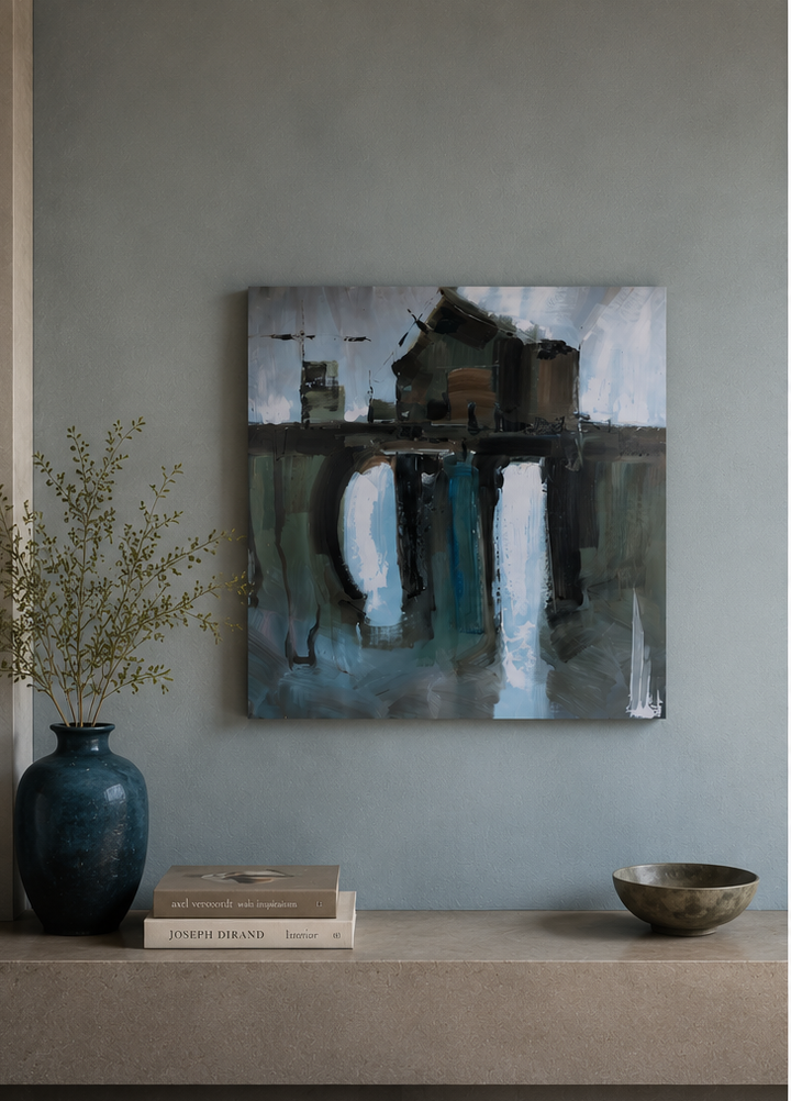 Groot modern schilderij met huis, brug en watervallen / 100 x 100 x 3,5 cm