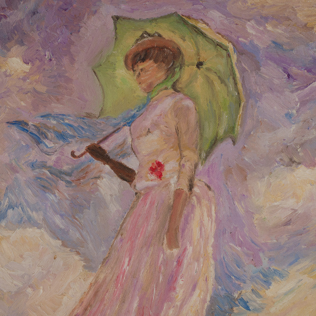 Charmant schilderijtje van een dame met parasol – impressionistische verfijning