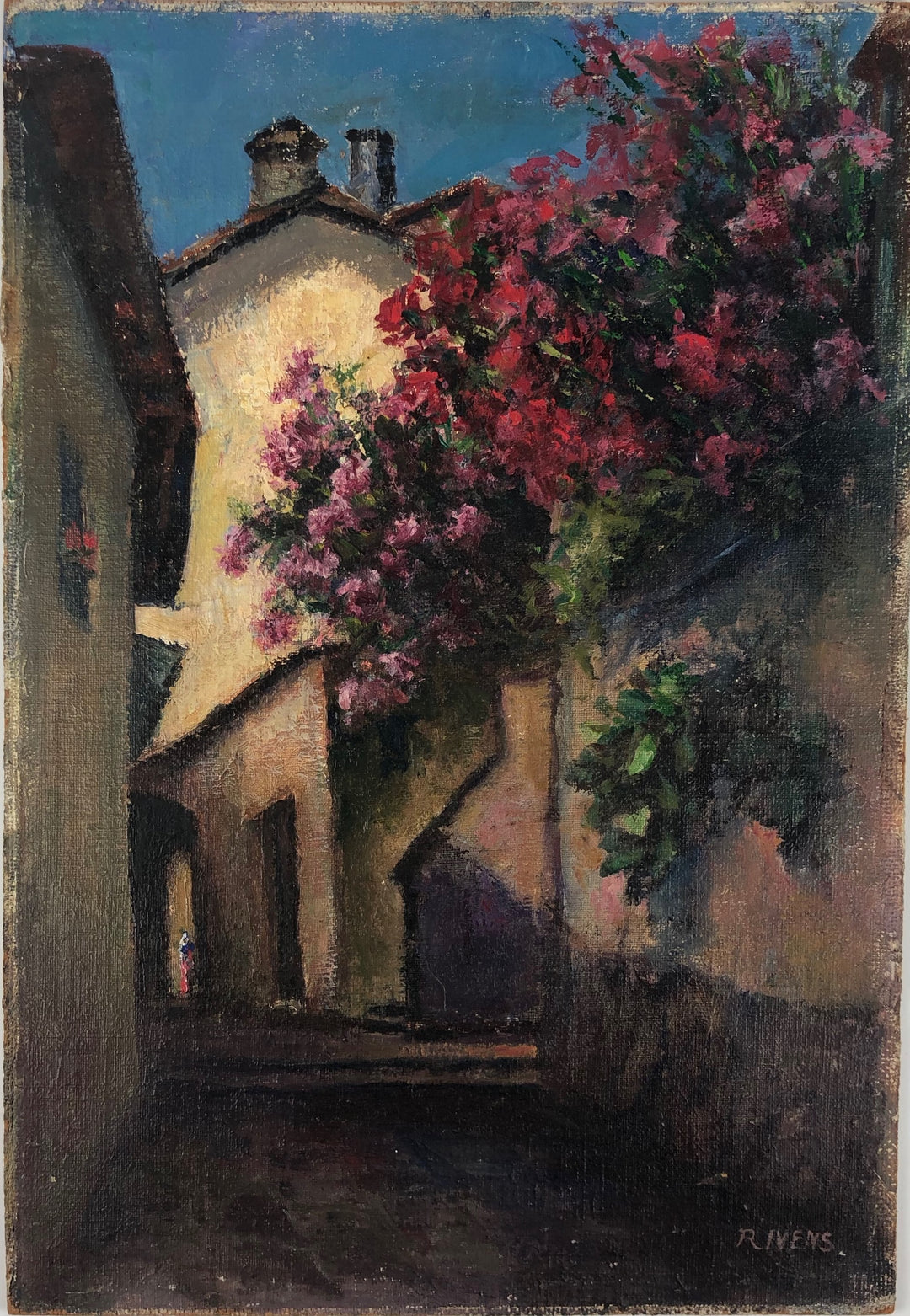 Painting of a Southern village with colorful flowers by Renaat Ivens