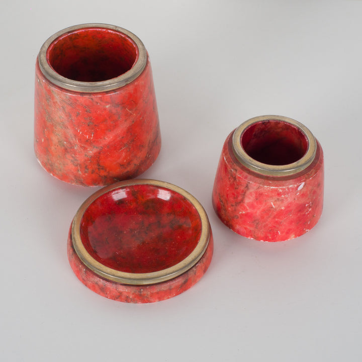 Beautiful Conical 3-Piece Red Alabaster Set with Brass Dividers