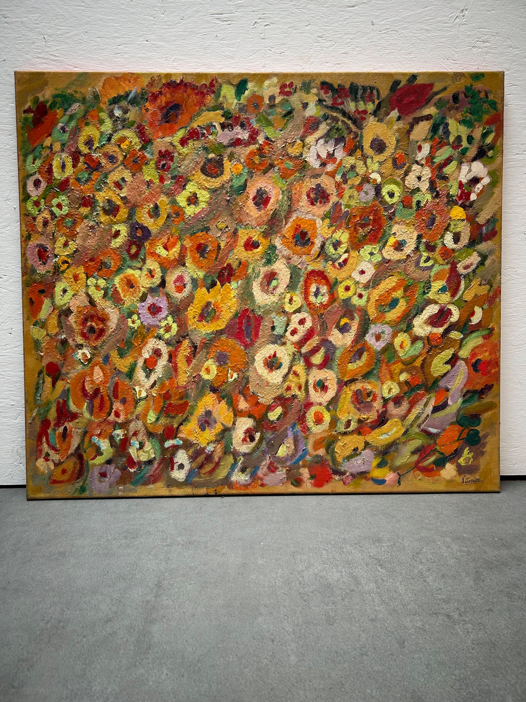 Expressief Bloemenveld in Olieverf – Gesigneerd – 80 x 70 x 1,5 cm