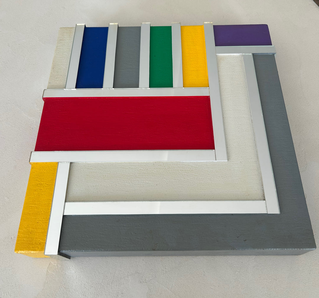 Geometrisch Ritme in Kleur – Vintage Houten Kunstwerk met Spiegelaccenten (36x36 cm)