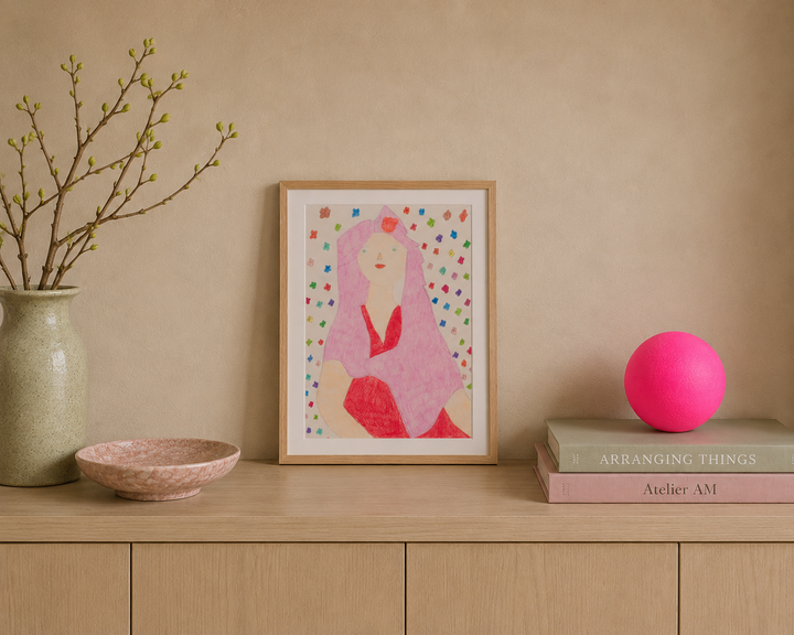 Beautiful drawing of a woman in shades of pink by Carine Vanmeirhaeghe