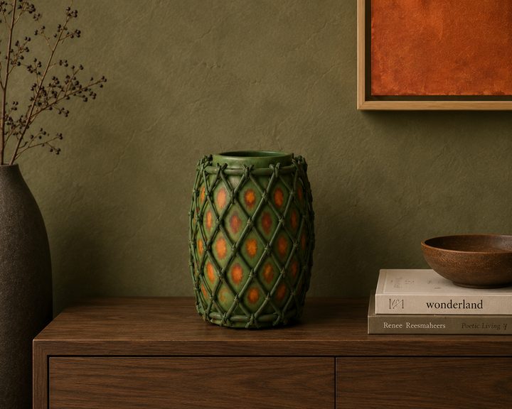 Authentieke terracotta vaas met vlechtwerk in hout / 20 x 20 x 28 cm