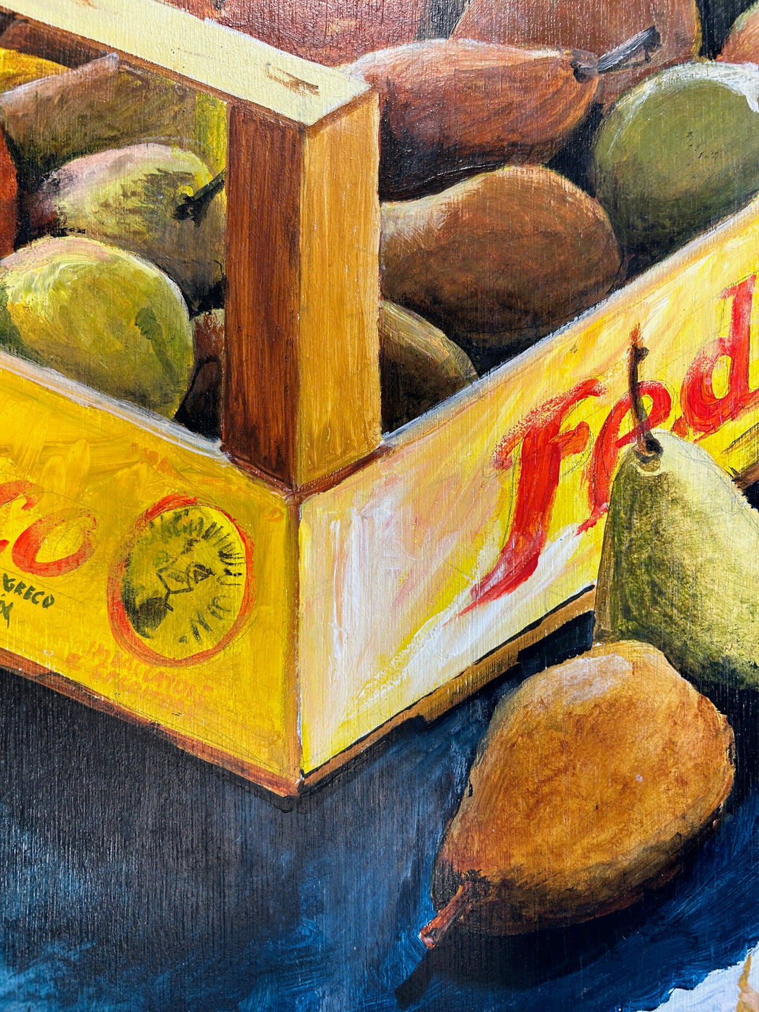 Kristien Berings – Stilleven met peren in kist – 1997 – 50 x 57 x 1 cm