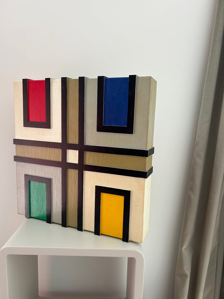 Kleur & Ritme – Vintage Geometrisch Wandobject in Hout