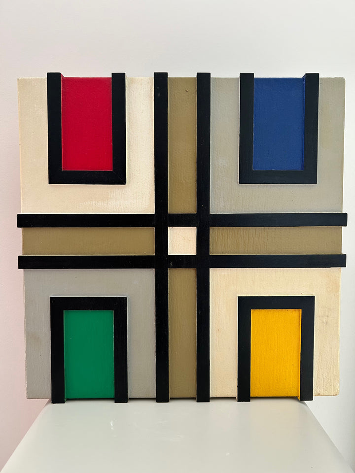 Kleur & Ritme – Vintage Geometrisch Wandobject in Hout
