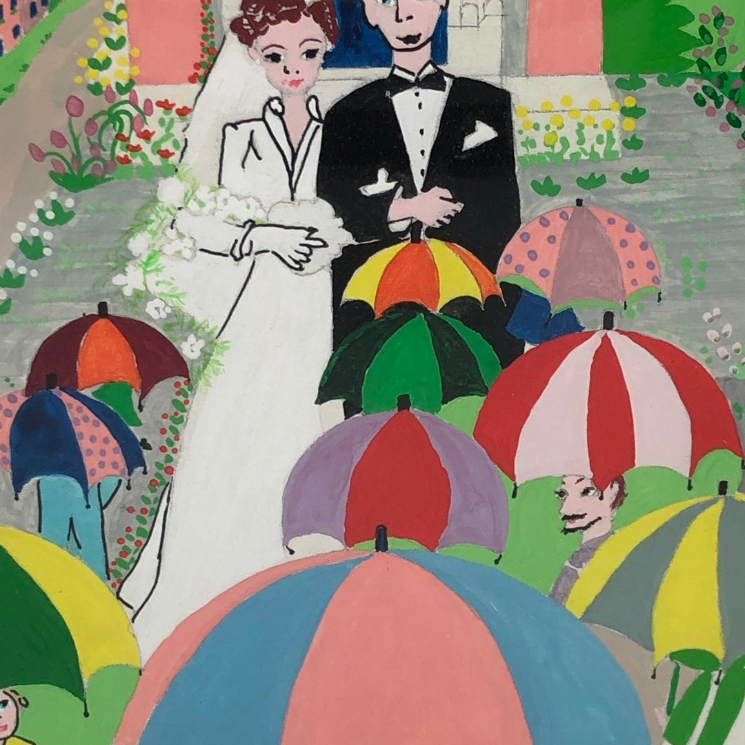 Een leuke kleurrijke gouache van een huwelijk uit 2003 - De Tuin Der Kunsten