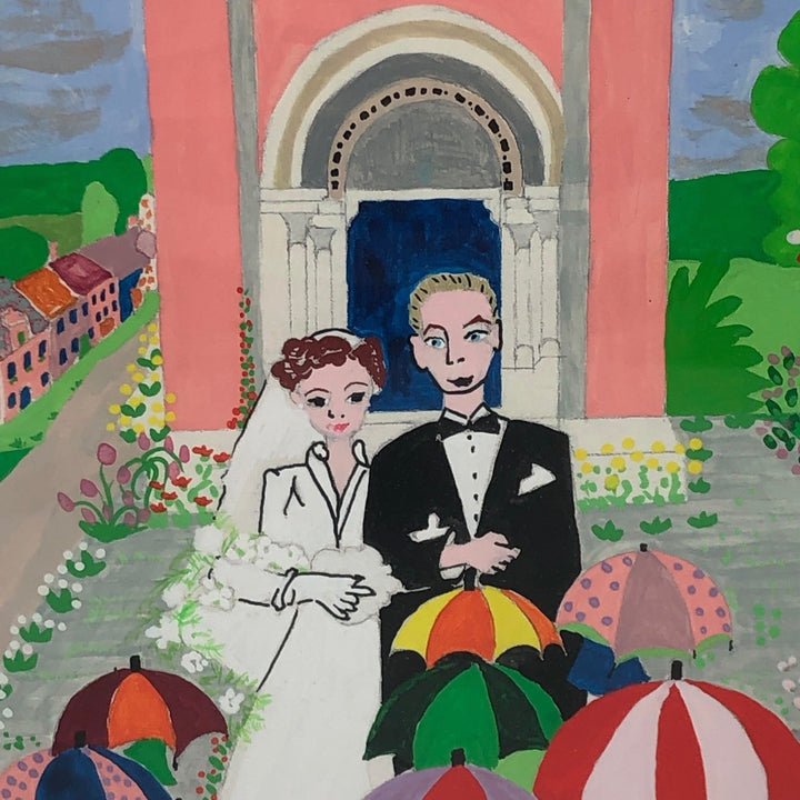 Een leuke kleurrijke gouache van een huwelijk uit 2003 - De Tuin Der Kunsten