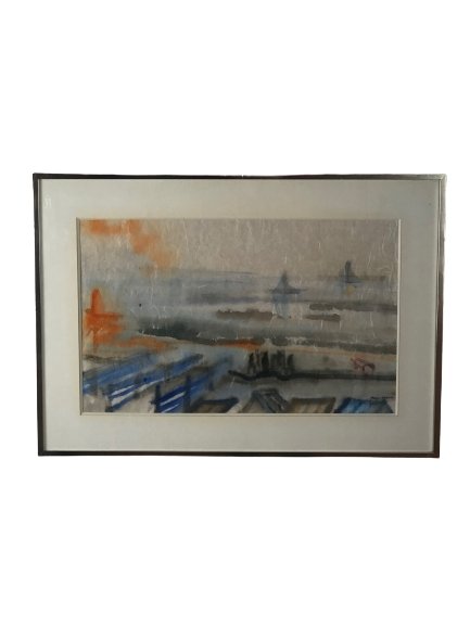 Mooi jaren 70 aquarel van een havenzicht - De Tuin Der Kunsten